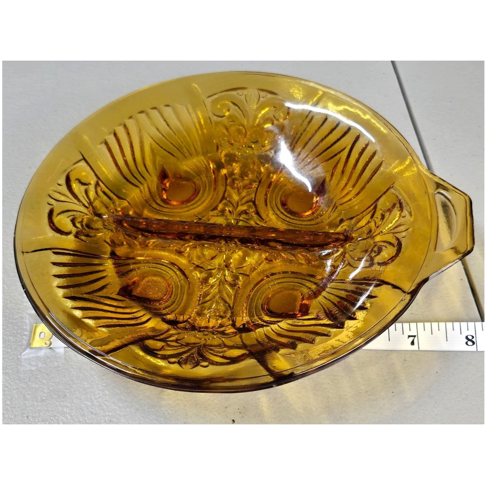 Vintage MCM Amber Glass 8in Divided Relish‎ Dish Peacock Eye Pattern Tab Handle